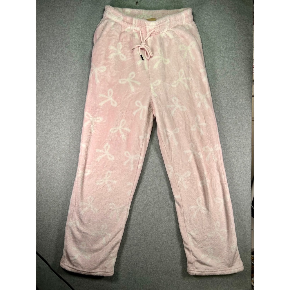 Free Harbor Pink Bow Print Plush Fleece Pajama Pants Womens Medium Drawstring